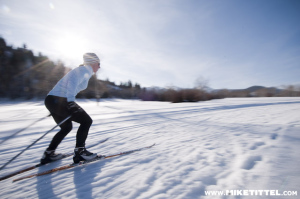 Nordic skier Jolene Wilkinson skate skiing the "Farm Loop" in Park City, Utah.